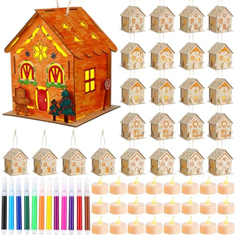 Spiareal 6 Sets DIY Gingerbread House Wooden Tealight Holder Kits Luminous Wooden Xmas Houses with Watercolor Pens and LED Flameless Candles for Kids Spiareal
