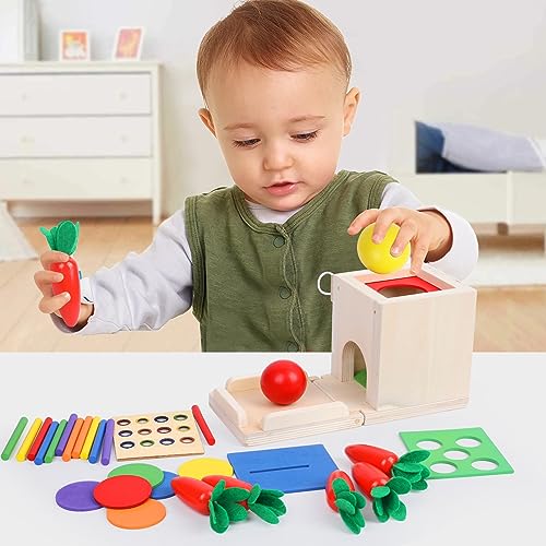 Wooden Montessori Toys Toddlers Play Kit, 4-in-1 Object Permanence Box, Coin Box, Carrot Harvest, Color Match Sticks Drop Game, Educational Learning Xylolin