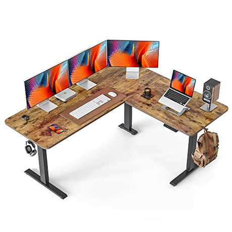 FEZIBO L Shaped Standing Desk Adjustable Height, 63 Inch Electric Stand up Corner Computer Desk, Sit Stand Home Office Desk with Splice Board, Rustic FEZIBO