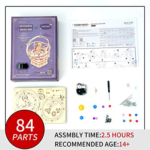 Hands Craft DIY 3D Music Box Wooden Puzzle – Gear Driven, Starry Night Laser Cut Assembly Model Building Kit Brain Teaser Puzzles Educational STEM Hands Craft