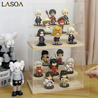 LASOA 4 Tier Acrylic Display Case for Collectibles, Alternative Glass Display Box with Wood Base and Lid, Self-Assembly Clear Shelf Showcase for