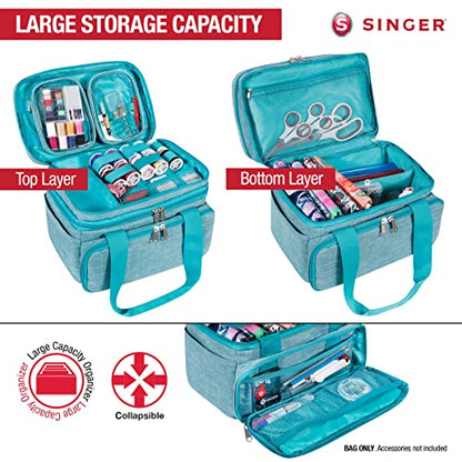 Singer Sewing Accessories Organizer (Bag Only) Double Layer Portable Sewing Storage Bag with 2 Detachable Pouches and 18 Storage Compartments Large S