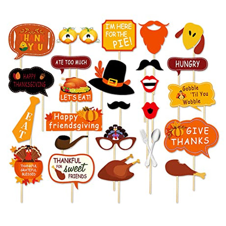 25 Count Thanksgiving Day Friendsgiving Big Photo Booth Props Kit for Autumn Funny Turkey Day Party Decorations Supplies DIY Selfie Props Set with WoodArtSupply