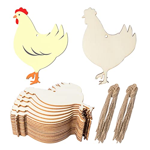 Chicken Shape Wood Easter Wood Unfinished Wooden DIY Crafts Hen Wood Hanging Gift Tags with Ropes for Christmas Birthday Party Happy Easter Spring Home Decor DIY Crafts Painting Supplies 20Pcs.