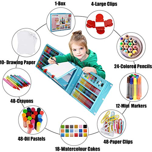 KINSPORY Art Supplies, 228 Pack Art Sets Crafts Drawing Coloring kit, Double-Side Trifold Art Easel, Oil Pastels, Crayons, Colored Pencils, Creative - WoodArtSupply