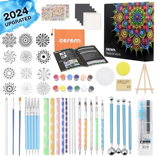 Mandala Dotting Tools Kit with Acrylic Paints and Reusable Stencils - Dot Art Set for Rock Painting, DIY Craft Project, Home Decor Drawing Activity CEREM