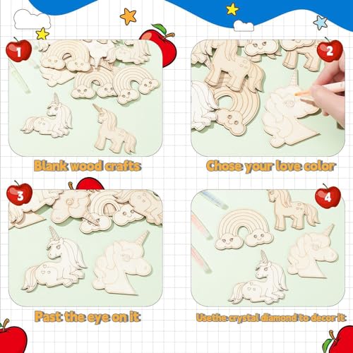 LiQunSweet 40 Pcs 4 Styles Rainbow Unicorn Unfinished Wood Slice Cutouts Blank Wooden Ornaments for Crafts LiQunSweet