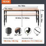VEVOR Adjustable Workbench, 72" L X 25" W Garage Worktable with Universal Wheels, 28-39.5" Heights & 3000 LBS Load Capacity, with Power Outlets & VEVOR