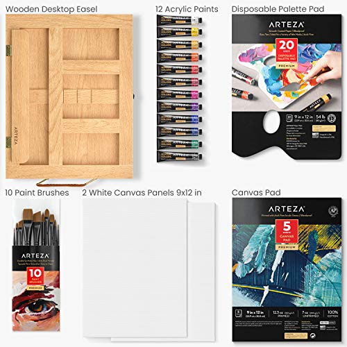 Arteza Acrylic Art Set, Includes Tabletop Easel, 12 Acrylic Paint Tubes, Palette Paper, 10 Paintbrushes, Canvas Pads & Canvas Panels, Art Supplies - WoodArtSupply