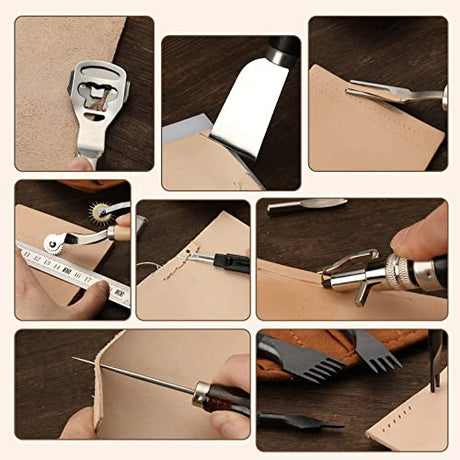 BUTUZE Leather Kit, Leather Tooling Kit, Practical Leather Working Tools with Leather Beveler, Groover, Stitching Punch Sewing Thread and Needles - BUTUZE