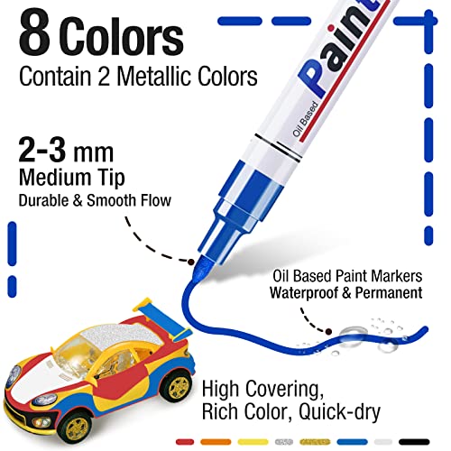 8 Colors Paint Pens Paint Markers - Permanent Oil Based Paint Markers for Metal Wood, Paint Pens for Fabric Paint Ceramic Plastic Canvas Rock