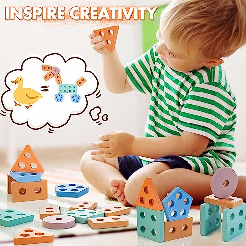  HELLOWOOD Wooden Sorting & Stacking Toys, Montessori Toys for 1  2 3 Years Old Toddlers, Shape Sorter Puzzles with 24-Piece Large Geometric  Blocks & 12 Word Cards, Gift for 12+ Months