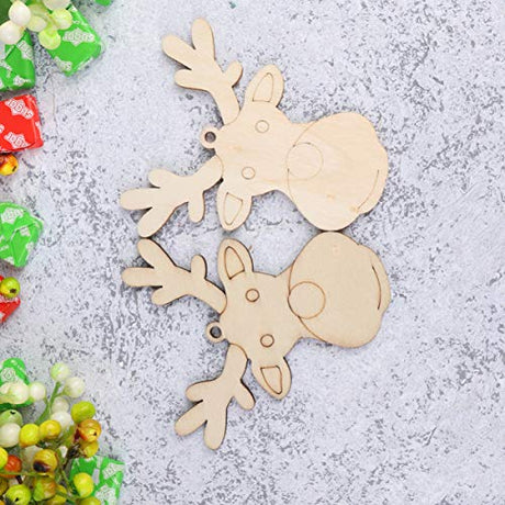 Amosfun 20PCS Christmas Unfinished Reindeer Head Wood Hanging Pendant DIY Painted Wood Tag Xmas Tree Decoration (Style B) Amosfun