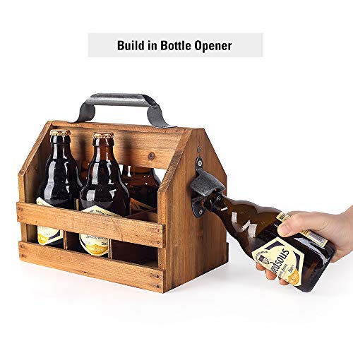 BARGIFTS Wooden 6-Bottle Caddy with Bottle Opener, build in a Removable Middle Divider Metal Bottle Opener… (Brown) - WoodArtSupply