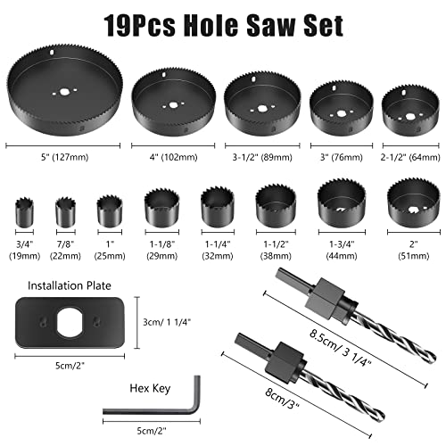 HYCHIKA Hole Saw Set with Case, 19 Pieces Hole Saw Bit with 3/4-5inch Saw Blades, 2 Mandrels,2 Drill Bits,1 Installation Plate,1 Hex Key, Hole Saw - WoodArtSupply