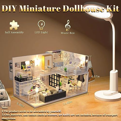 DIY Miniature Dollhouse Kit, Tiny House Model Kit with Music Box & LED Light & Dust Proof Cover, 1:24 Scale, 3D Wooden Puzzle for Adults, Handmade