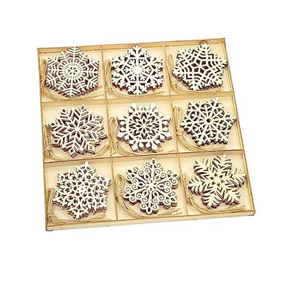45 Pack Wooden Snow Flakes 3.5 Inch Unfinished Wood Snow Shaped Cutouts for DIY Christmas Crafts, with Sorting Tray(5 Pieces Each, 9 Designs)