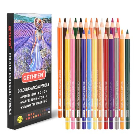 GETHPEN Pastel Chalk Colored Pencils,Set of 24 Colors,Pastel Colored Pencils,Color Charcoal Pencils for Drawing Sketching Coloring Shading,Art GETHPEN
