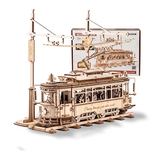 ROKR 3D Wooden Puzzles Model Car Kits for Adults to Build - Wooden Toy Tram Train Set with Railway - Wood 3D Puzzles for Adults - Gift Idea for ROKR
