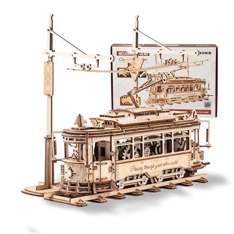 ROKR 3D Wooden Puzzles Model Car Kits for Adults to Build - Wooden Toy Tram Train Set with Railway - Wood 3D Puzzles for Adults - Gift Idea for ROKR