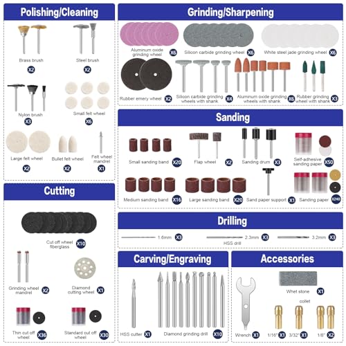 HARDELL Rotary Tool Accessories, 508PCS Power Rotary Tool Bits with 1/8"(3.2mm) Diameter Shanks, Universal Fitment for Sanding, Drilling, Polishing, - WoodArtSupply