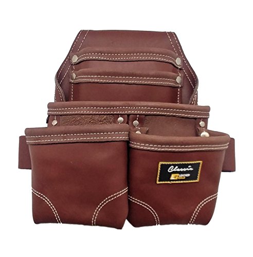 LEATHER GOLD Nail Pouch | Leather Tool Pouch 3350DP, 5 Pockets, Brown, Oil-Tanned Leather, Heavy Duty Carpenter Tool Belt with Reinforced Seams and 2 Leather Gold