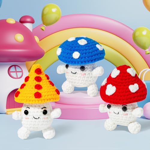BWkoss Beginner Crochet Kit, Cute Mushroom Crochet Starter Kit for Adults Kids DIY Craft Complete Material Pack with Step-by-Step Instruction and BWkoss