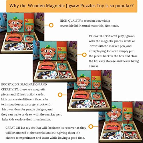 Wooden Magnetic Jigsaw Puzzles Toy, Toddler Craft Toys Educational Travel Puzzle Games Double Sided Drawing Easel for Boys and Girls QIAONIUNIU