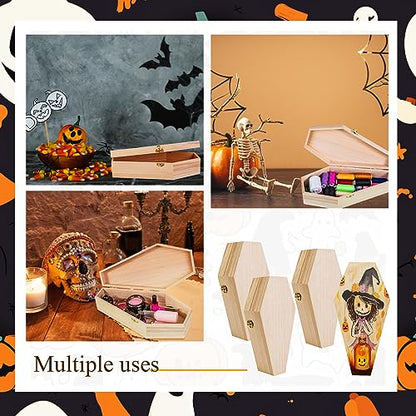 Hiboom 3 Pack Halloween Coffin Box 12 Inch with 3 Paint Set, Small Unfinished Wooden Coffin Box, Wood Serving Tray for Halloween Home Classroom Party - WoodArtSupply