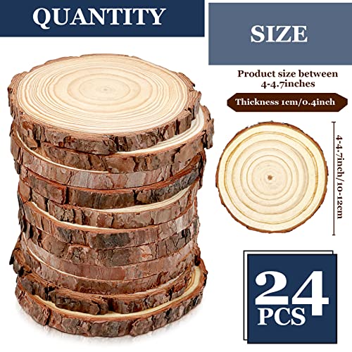 FSWCCK 24 PCS Wood Slices Bulk, 4-4.7 Inch Unfinished Natural with Tree Barks Rustic Wedding Centerpiece Disc, Craft Wood Pieces for Circles Craft