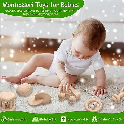 Montessori Wooden Baby Toy Set - 6 Pieces of Rattles, Push Car and Newborn Toys for Babies 6-12 Months - Wood Toys with Bells for Sensory Development