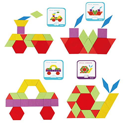 LovesTown 209 PCS Wooden Pattern Blocks, Geometric Shapes Blocks Pattern Blocks with Cards Tangram Puzzles for Kids Educational Tangram Toys LovesTown