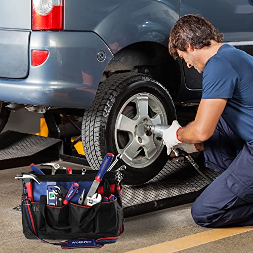 WORKPRO Tool Bag, 18 Inch Tool Bag with Waterproof Molded Base, Open Top Tool Organizer Bag with 20 Pockets, Adjustable Shoulder Strap WORKPRO