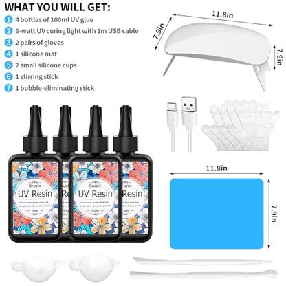 UV Resin Kit with Light- 400g UV Resin Crystal Clear, UV Light, Silicone Craft Mat, Resin Tools Set Ultraviolet Curing Hard Type Glue for Resin - WoodArtSupply