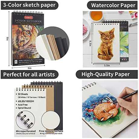 PANDAFLY 80 Pack Drawing Set Sketching Kit, Pro Art Supplies with 3-Color Sketchbook, Watercolor Pad, Colored, Graphite, Charcoal, Metallic Pencil, PANDAFLY