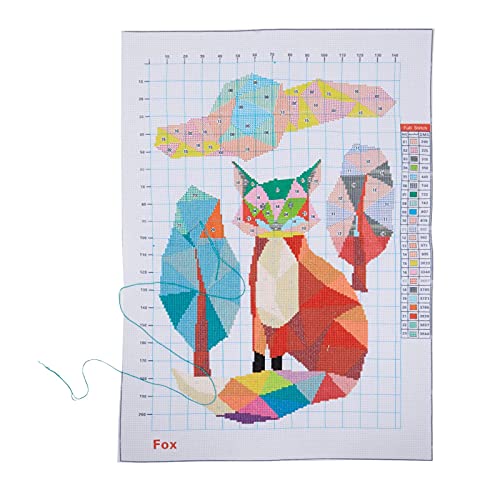 Pack of 2, Fox and Cat Stamped Counted Cross Stitch, Embroidery Beginner Kit with 11 CT Cloth, Needles, Thread Bright Creations