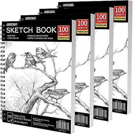 FIXSMITH 9"X12" Sketch Book | 400 Sheets (68 lb/100gsm) Sketchbook| 4 Pack (100 Sheets Each) |Acid Free Drawing Paper | Spiral Bound Sketchpad for FIXSMITH