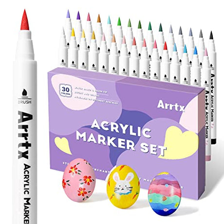 Arrtx 30 Colors Acrylic Paint Pens for Rock Painting, Extra Brush Tip, Water Based Paint Markers for Stone, Glass, Easter Egg, Wood and Fabric Arrtx