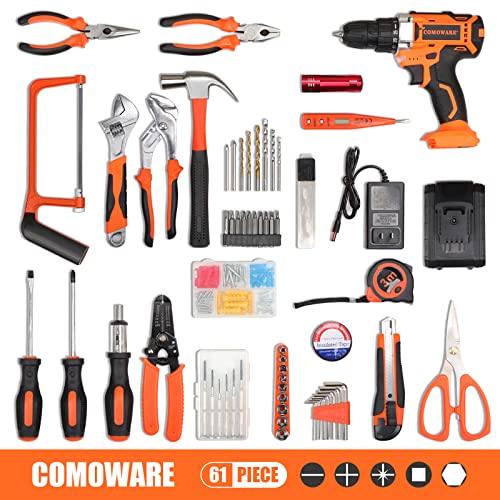 COMOWARE 20V Cordless Drill Set Combo Kit,120 Pcs Tool Kit for Home, Household Tool Sets for Men, Basic Tool Kit with Power Drill, Tool Set with COMOWARE