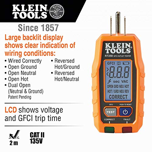 Klein Tools RT250 GFCI Outlet Tester with LCD Display, Electric Voltage Tester for Standard 3-Wire 120V Electrical Receptacles Klein Tools
