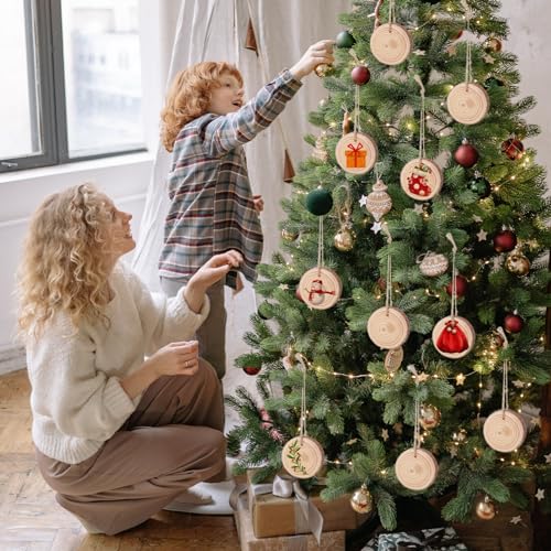 KALLORY 25pcs Natural Wood Slices 2-3 inch Thick Unfinished Wood kit Predrilled with Hole Rope Wooden Circles for Arts Wood Slices Christmas KALLORY