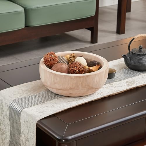 Hanobe Decorative Wood Dough Bowl Large Long Wooden Centerpiece Table  Decorations Natural Candle Holder Tray Decor Rustic Unfinished Centerpieces  for Dining Room Kitchen Fruit Bowls White 