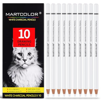 MARTCOLOR White Charcoal Pencils for Drawing, Professional 10 Pieces White Colored Pencils for Sketching, Shading, Blending, White Chalk Pencils for