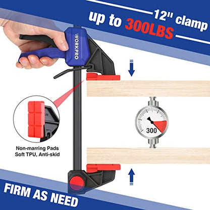 WORKPRO 12” Bar Clamps for Woodworking, Medium Duty 300lbs One-Handed Spreader/Clamp, Quick-Clamp F Wood Clamps Set for Hand Wood Working Crafts Grip