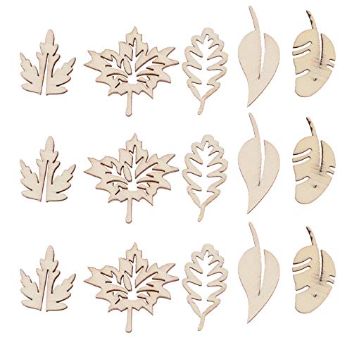 Amosfun 50pcs Laser Cut Wood Embellishment Hollow Out Wooden Leaves Shape Wood Discs Unfinished Wood Cutout for Arts Crafts DIY Decoration