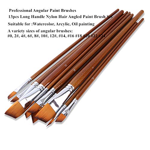 Paint Brushes Nylon Hair Angular Brushes 13pcs Long Handle Acrylic Paint Brush Set for Canvas Painting Oil Paint Professional Painting Kits (Angular TENSKY
