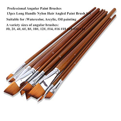 Paint Brushes Nylon Hair Angular Brushes 13pcs Long Handle Acrylic Paint Brush Set for Canvas Painting Oil Paint Professional Painting Kits (Angular - WoodArtSupply