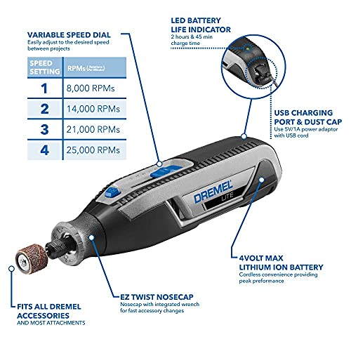 Dremel 7760 Lite Rechargeable Lightweight Design User-Friendly 8000 to 25000 RPM Single Cordless Rotary Tool with Soft Grip for Easy and Comfortable - WoodArtSupply