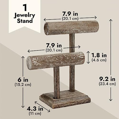 Bright Creations Rustic-Style 2-Tier Jewelry Organizer Stand, Wooden T-Bar Necklace Rack and Bracelet Holder Display for Selling, Bangle, Watch