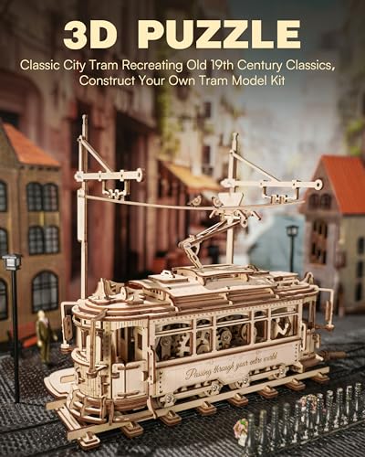 RoWood 3D Wooden Puzzles for Adults DIY Mechanical Tram Model Kit 3D Puzzles for Adults Wood Model Building Kit Model Kits Assembly Wooden Puzzles RoWood